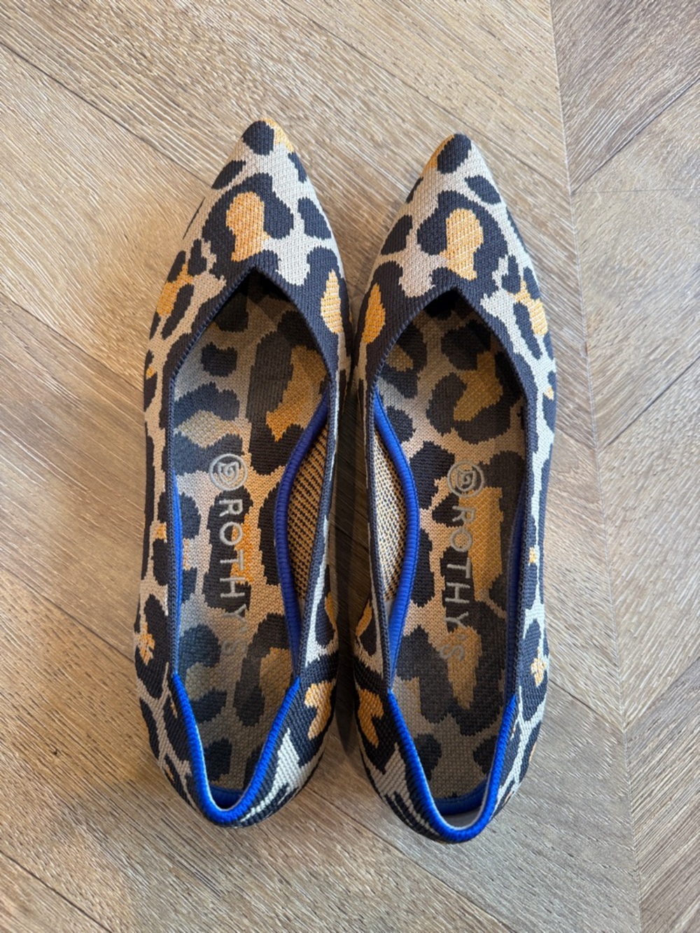 Rothy's Leopard Print Pointed Toe Flats in Black and Tan - Picture 2 of 12